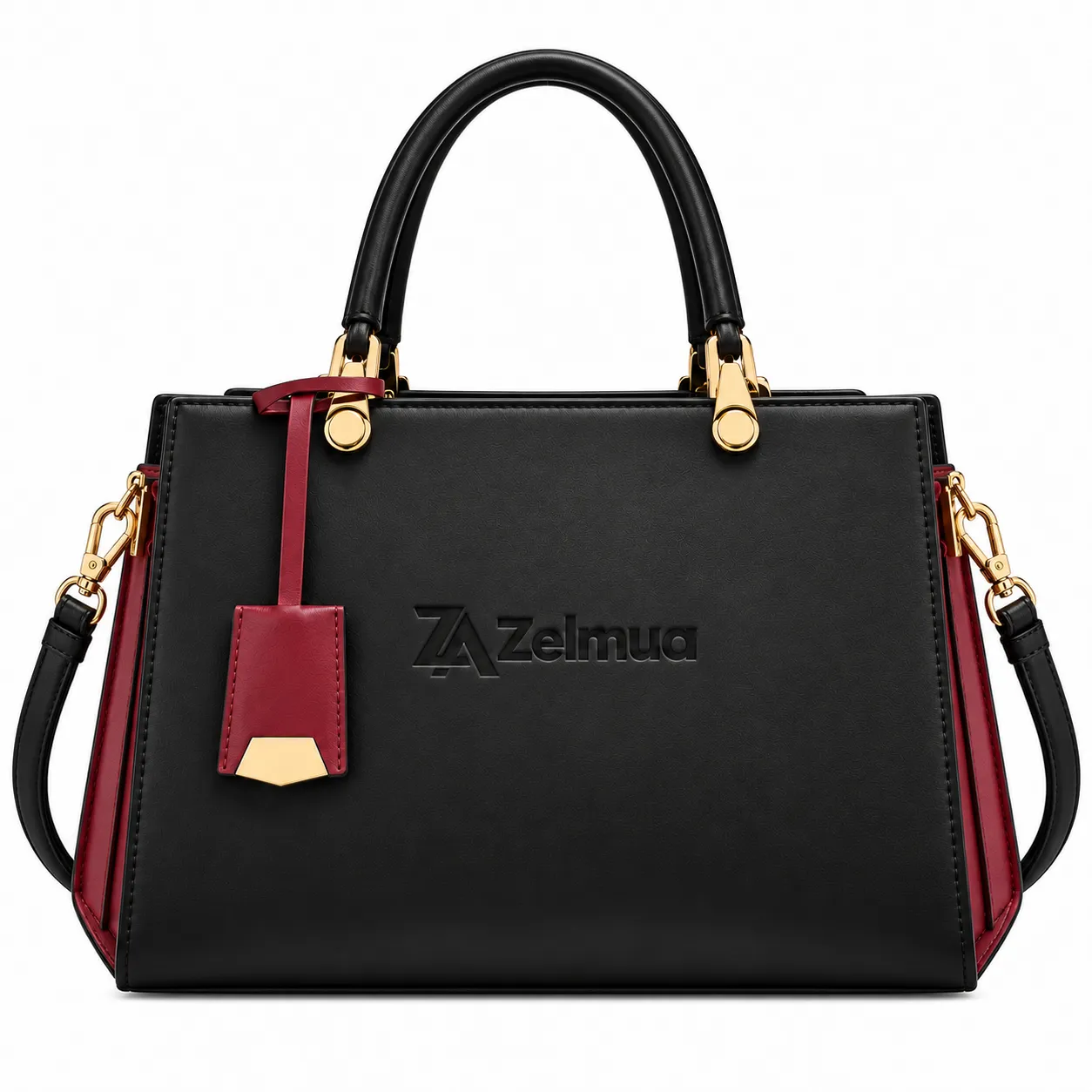 Zelmua Black Structured Satchel Handbag with Detachable Strap