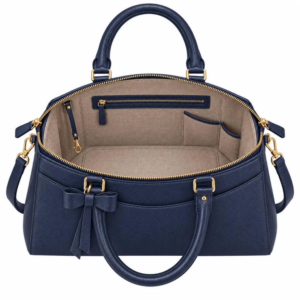 Zelmua Blue Bow Detail Handbag with Top Zipper