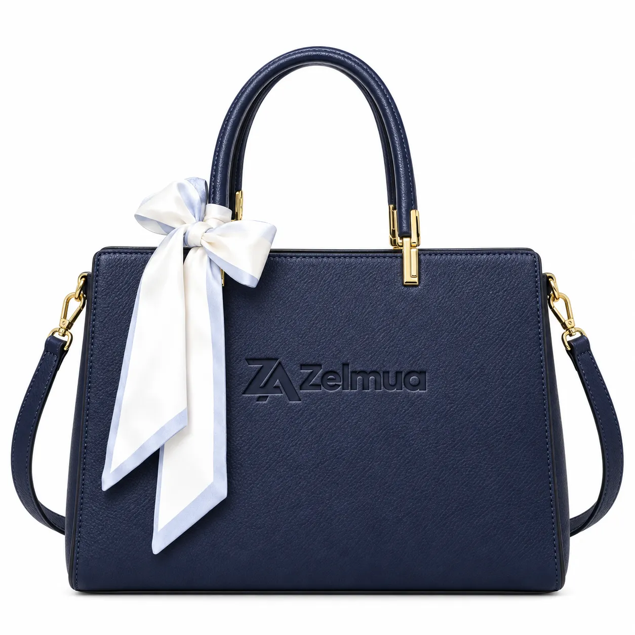 Zelmua Blue Faux Leather Satchel Handbag with Bow Detail