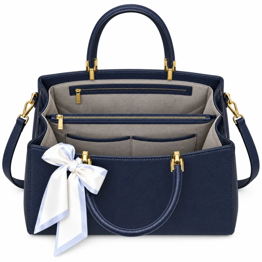 Zelmua Blue Faux Leather Satchel Handbag with Bow Detail