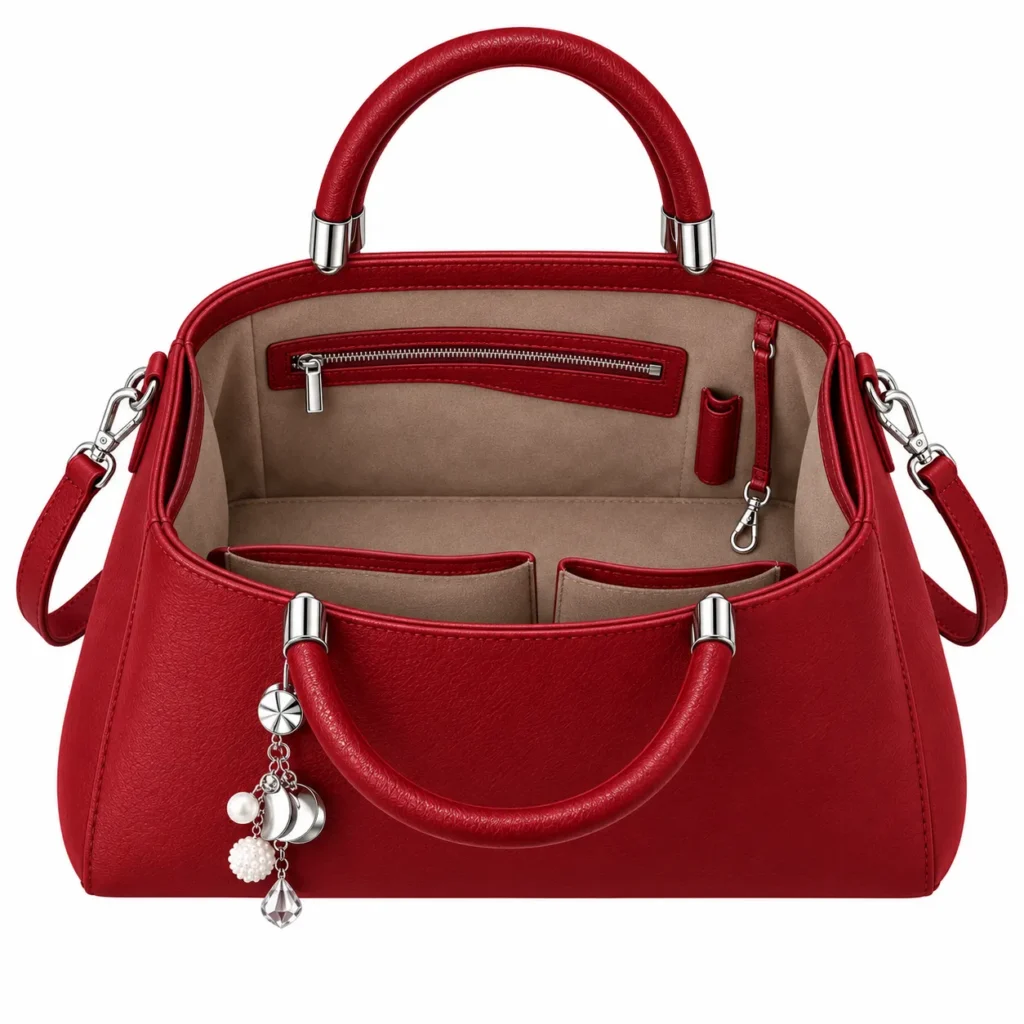 Zelmua Red Charm Satchel Handbag with Shoulder Strap